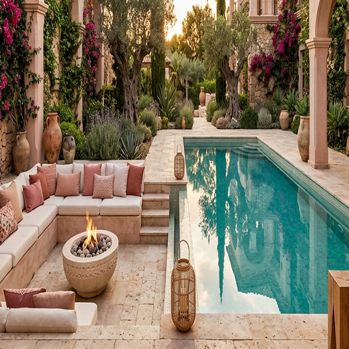 Sahara Outdoor Roman Travertine Fire Bowl & Courtyard Lounge Set