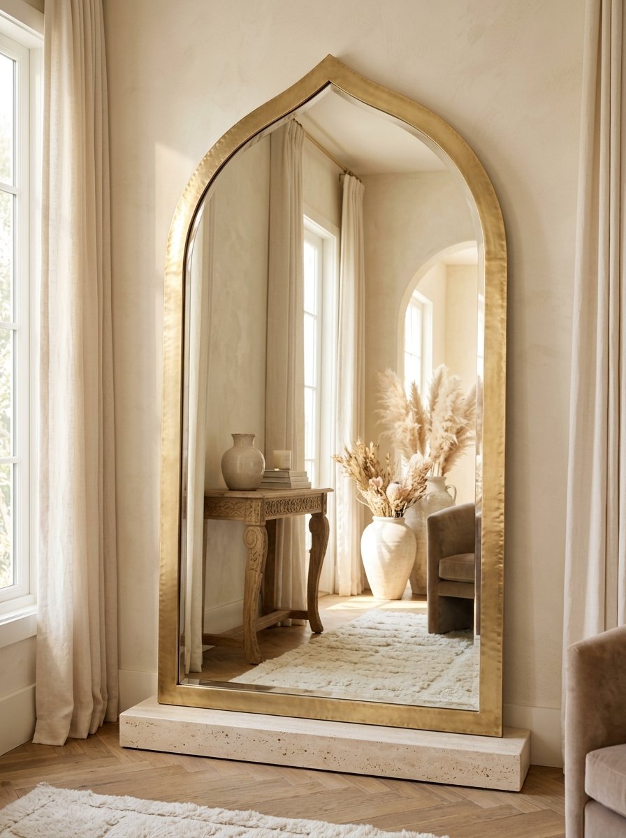 Seraphina Arched Hammered Champagne Brass Floor Mirror