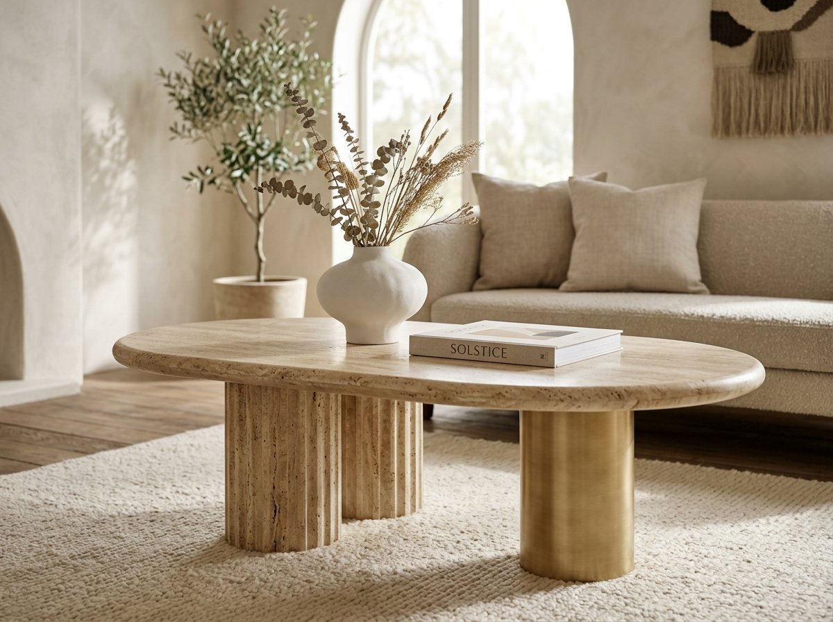 Solstice Hand-Carved Travertine & Brushed Brass Coffee Table